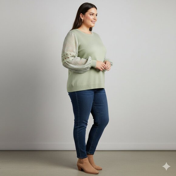 SIONI Milano Long Sleeve Lace Trim Lightweight Sweater, Sage - 3X - Picture 1 of 8